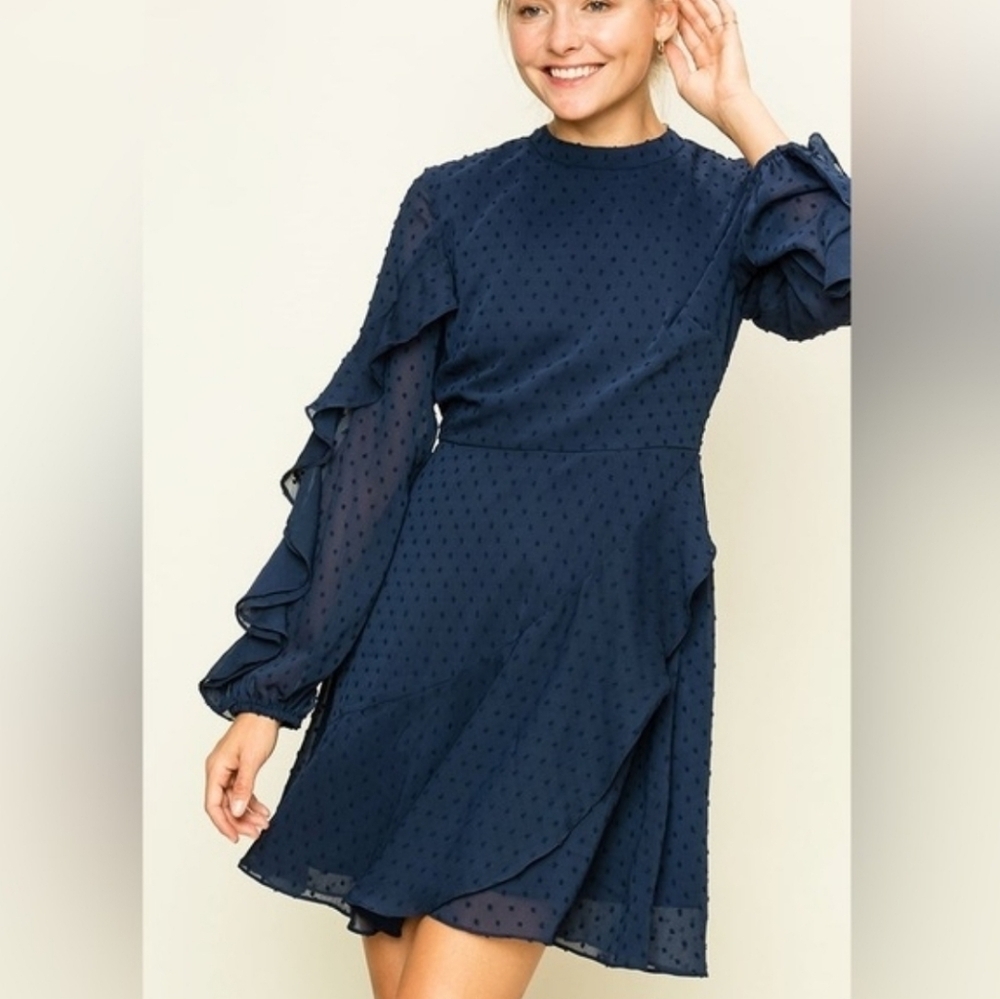 Hyfve Navy Ruffle Mini Dress Long Sleeve Sz M